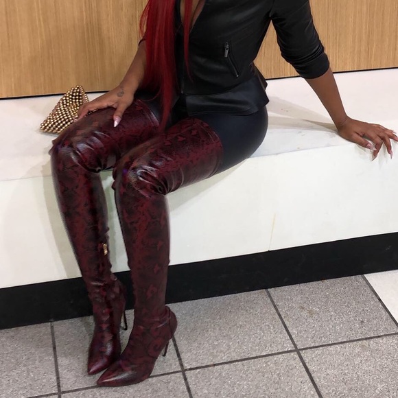 Burgundy Snake Skin Extreme Thigh high boots - Picture 5 of 5
